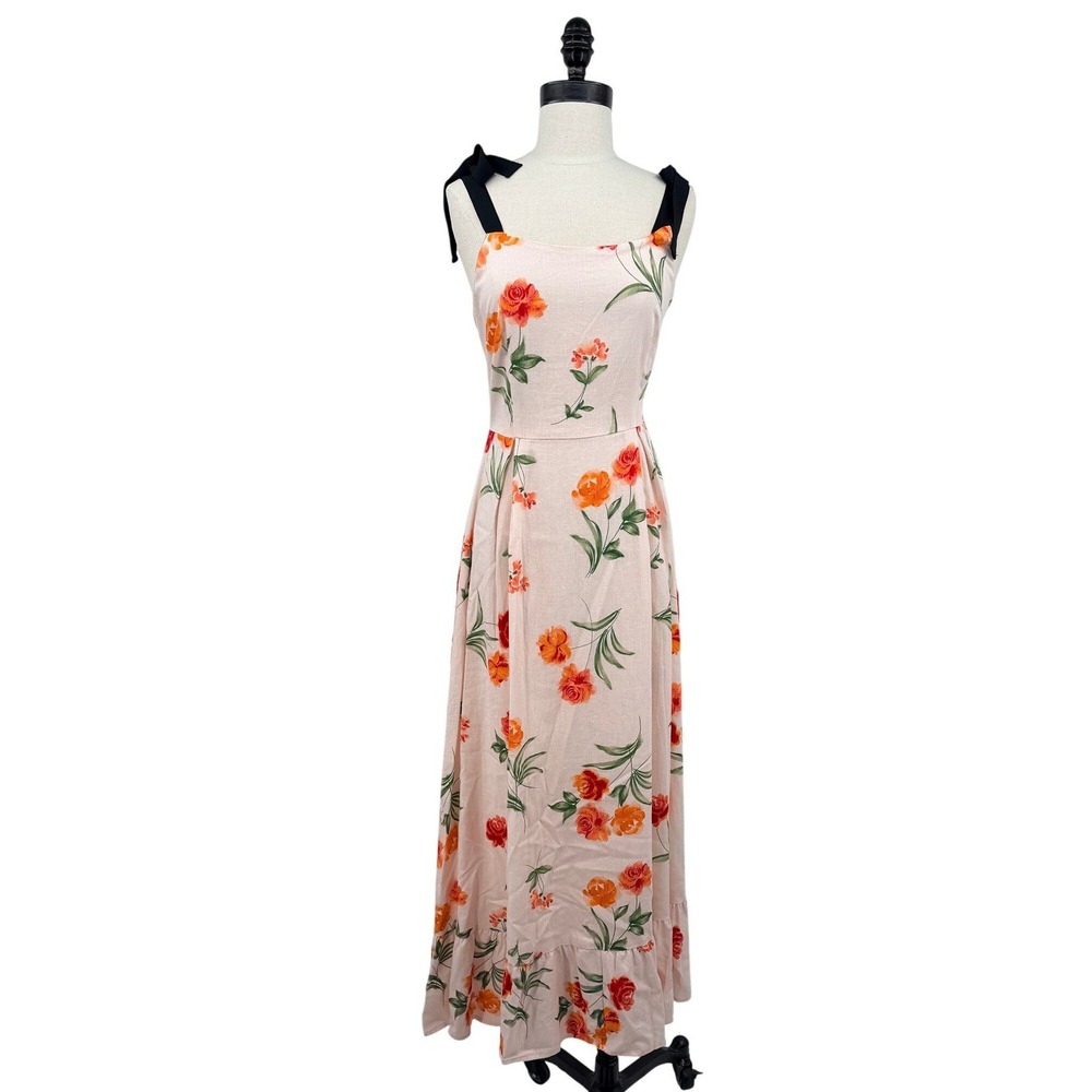 NEW GB‎ Women Pink Floral Maxi Dress Black Tie Straps Ruffle Hem Size Small